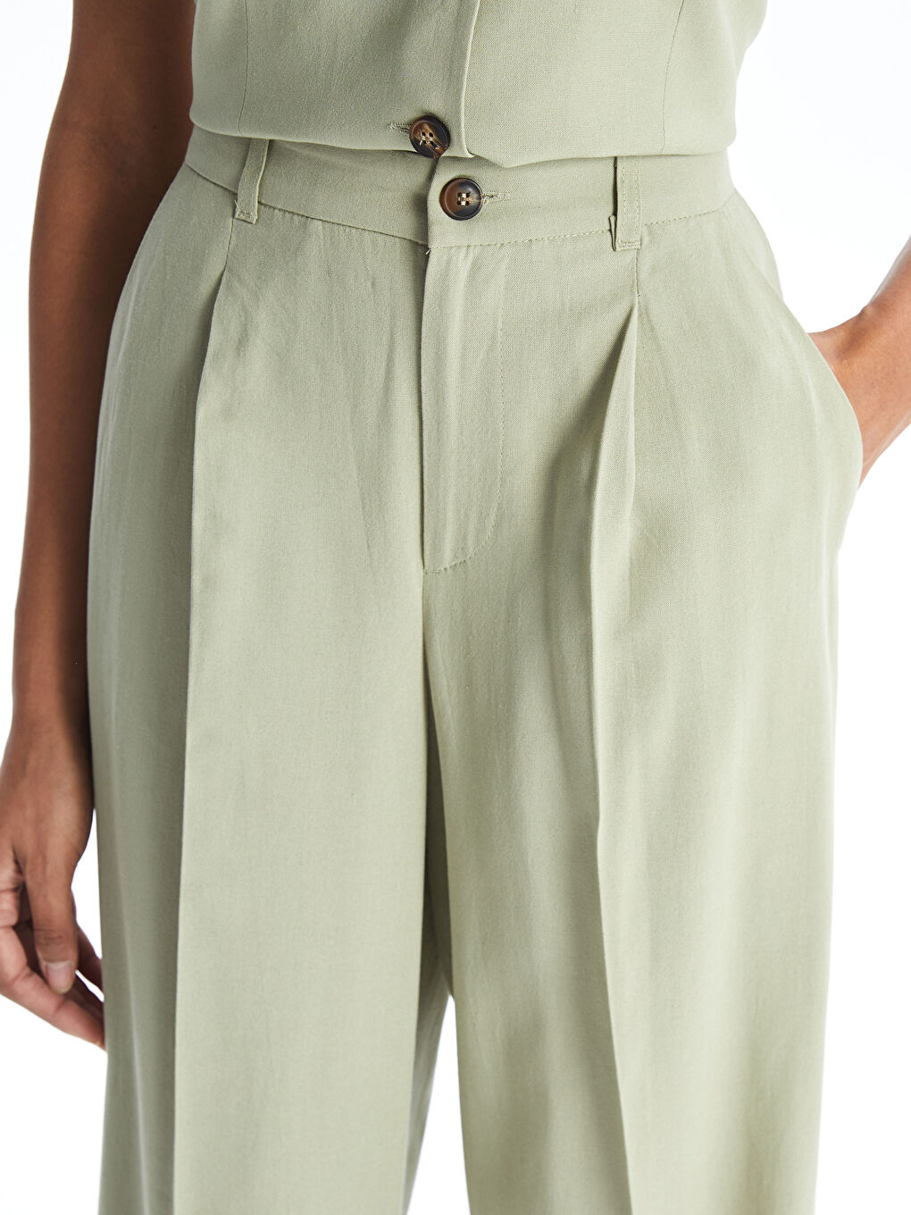 XSIDE Haki Loose Fit Keten Karışımlı Kadın Pantolon - 2