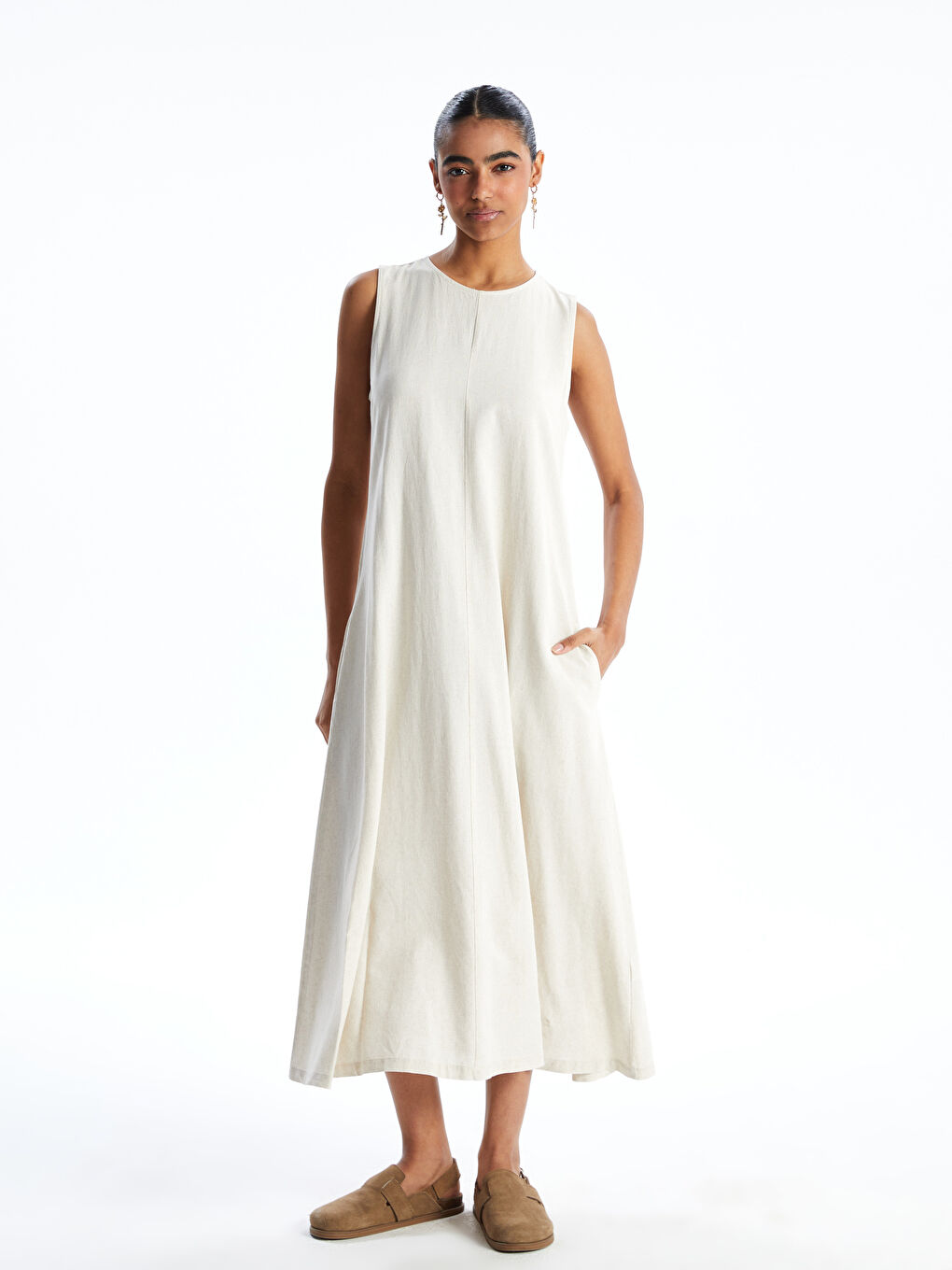 Crew Neck Plain Linen Blend Women's Dress -S5GT55Z8-VHM