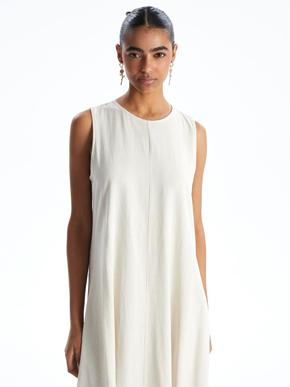 Crew Neck Plain Linen Blend Women's Dress -S5GT55Z8-VHM