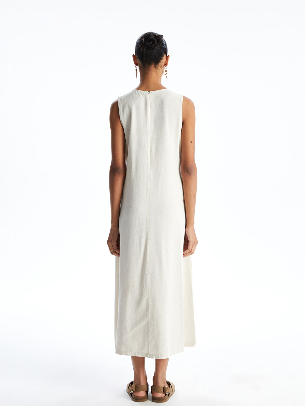 Crew Neck Plain Linen Blend Women's Dress -S5GT55Z8-VHM