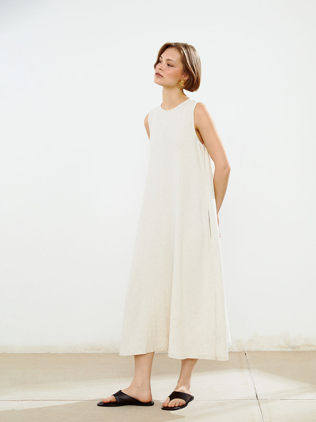 Crew Neck Plain Linen Blend Women's Dress -S5GT55Z8-VHM