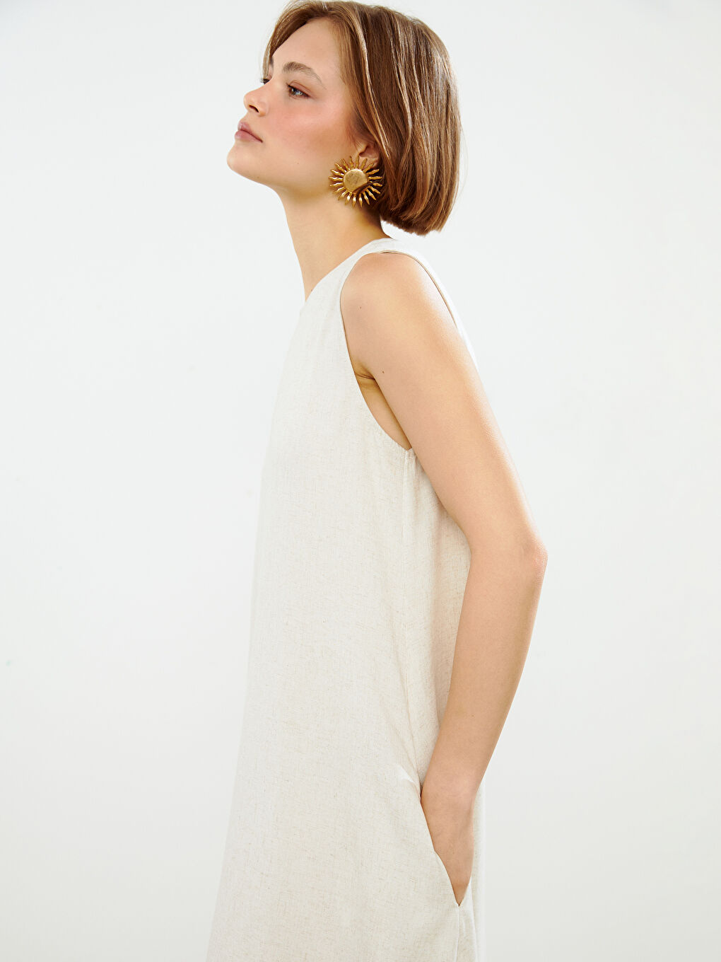 Crew Neck Plain Linen Blend Women's Dress -S5GT55Z8-VHM