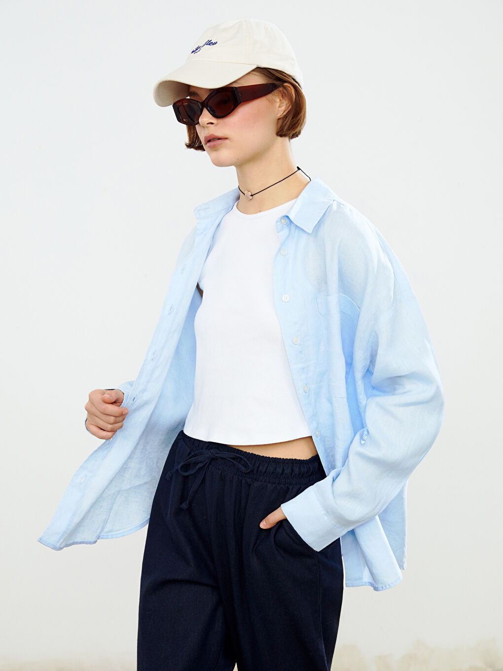 Mavi Oversize %100 Keten Kadın Gömlek