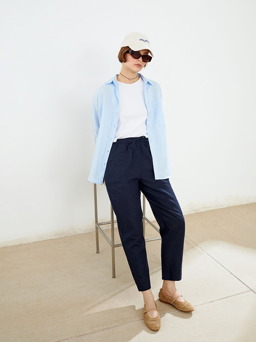 Mavi Oversize %100 Keten Kadın Gömlek-1