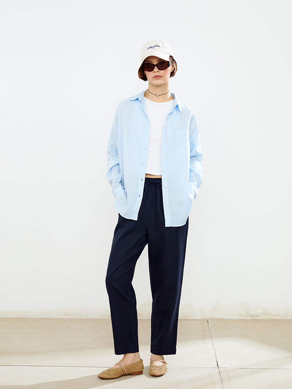 Mavi Oversize %100 Keten Kadın Gömlek-2