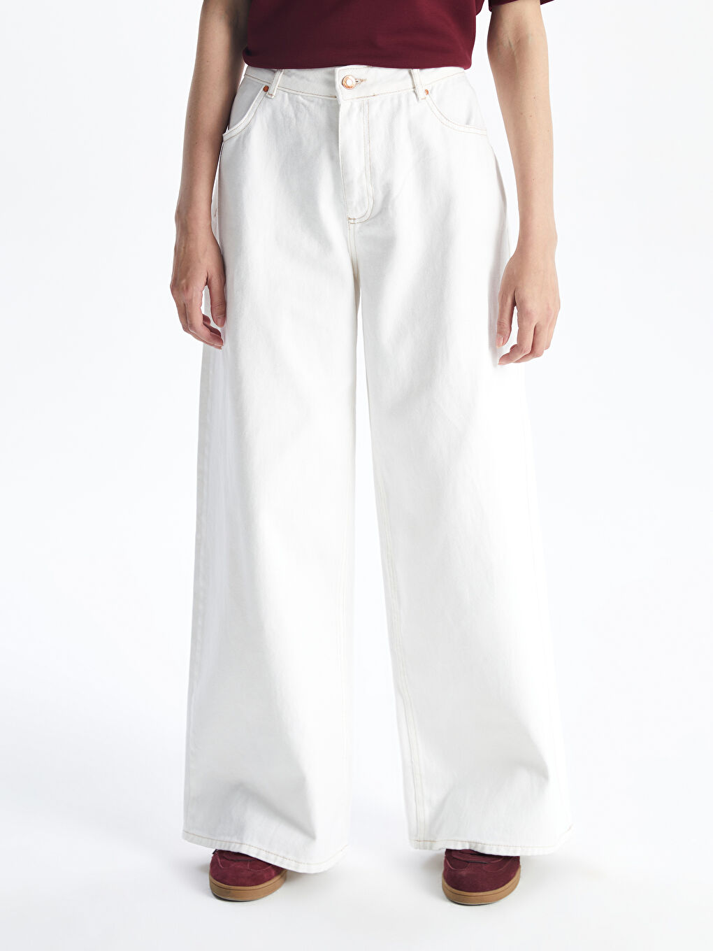 Beyaz Wideleg Kadın Jean Pantolon-1