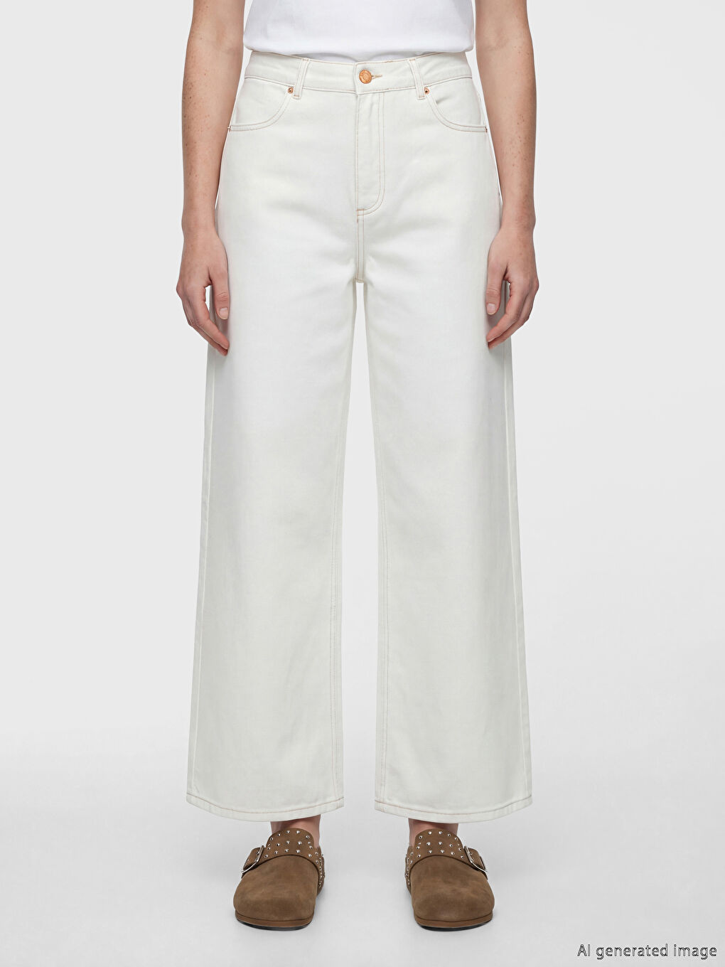 Beyaz Wideleg Kadın Jean Pantolon-1