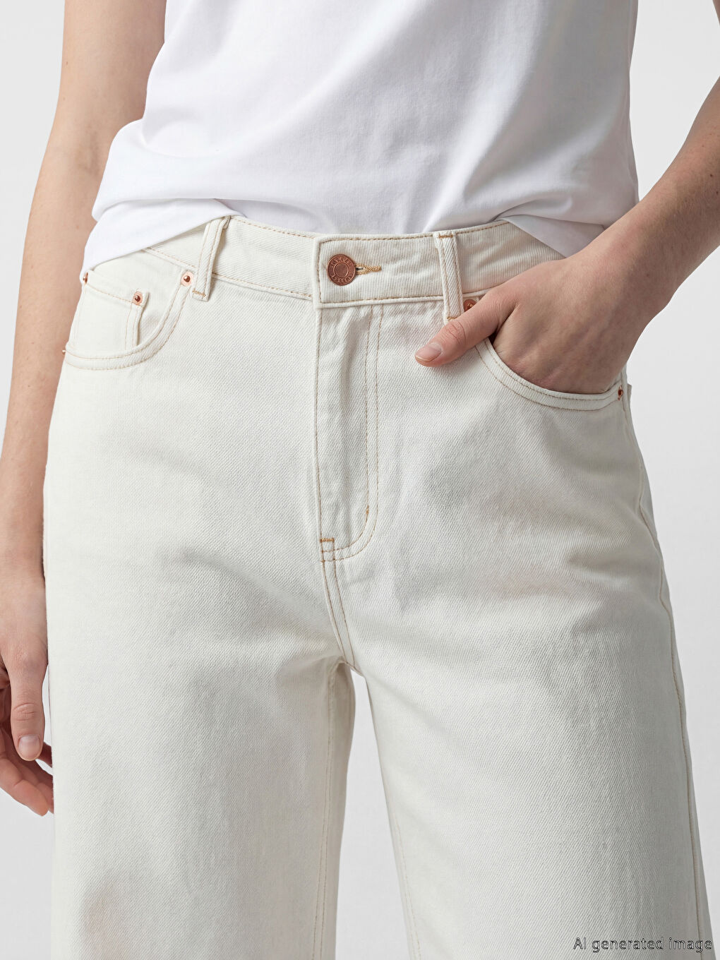 Beyaz Wideleg Kadın Jean Pantolon-2