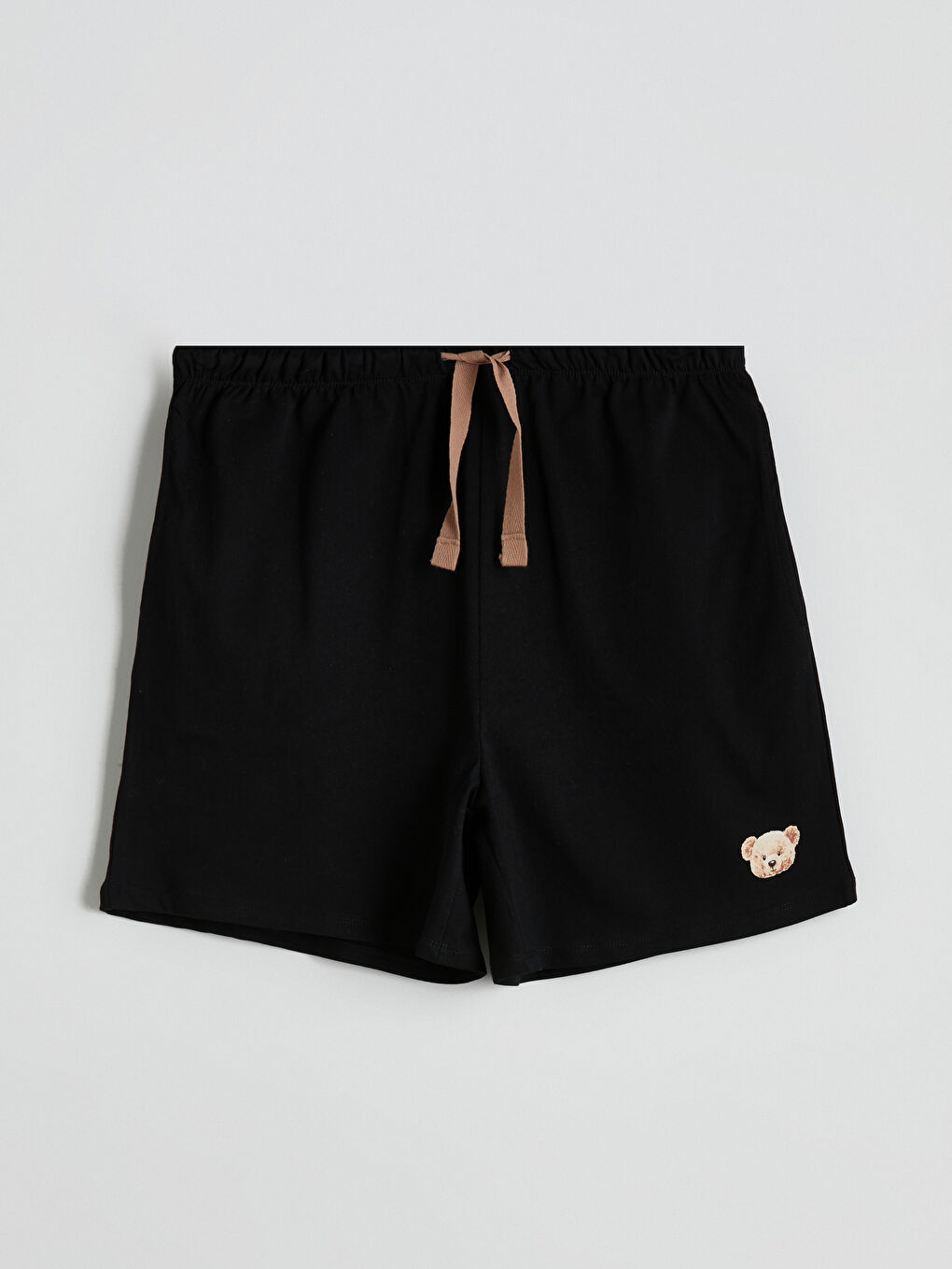 Siyah Beli Lastikli Ayı Teddy Baskılı Kadın Şort Pijama Altı