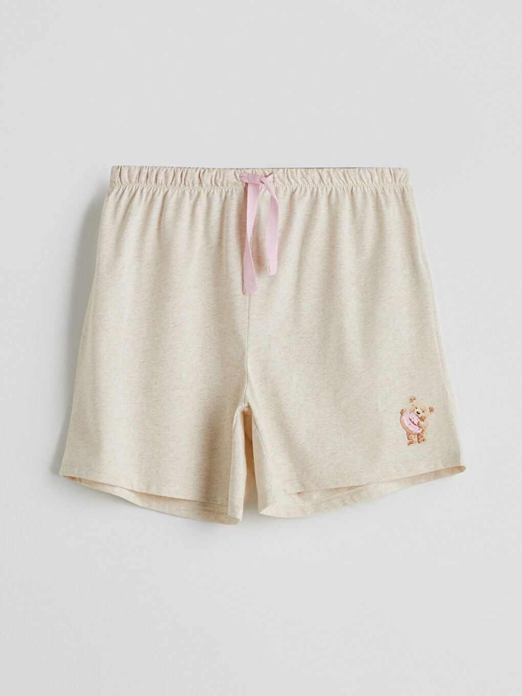 Bej Beli Lastikli Ayı Teddy Baskılı Kadın Şort Pijama Altı