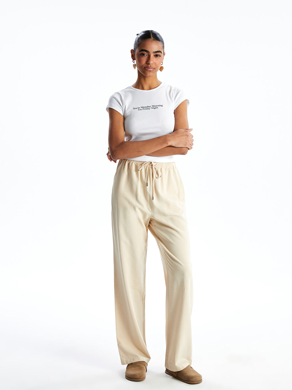 Bej Beli Lastikli Keten Karışımlı Kadın Pantolon