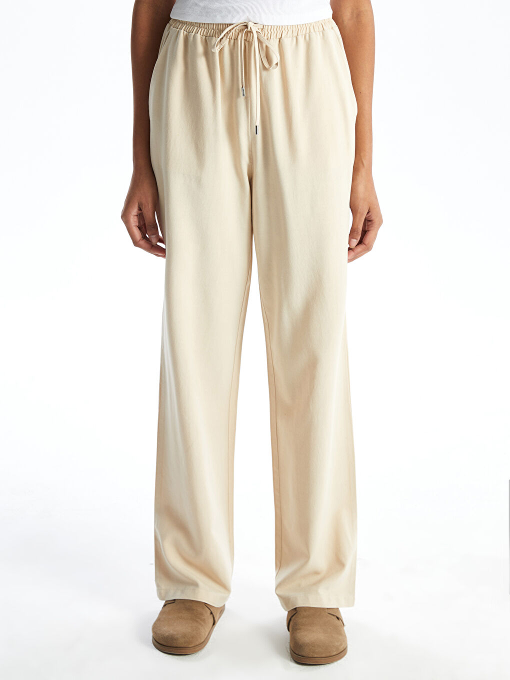 Bej Beli Lastikli Keten Karışımlı Kadın Pantolon-1