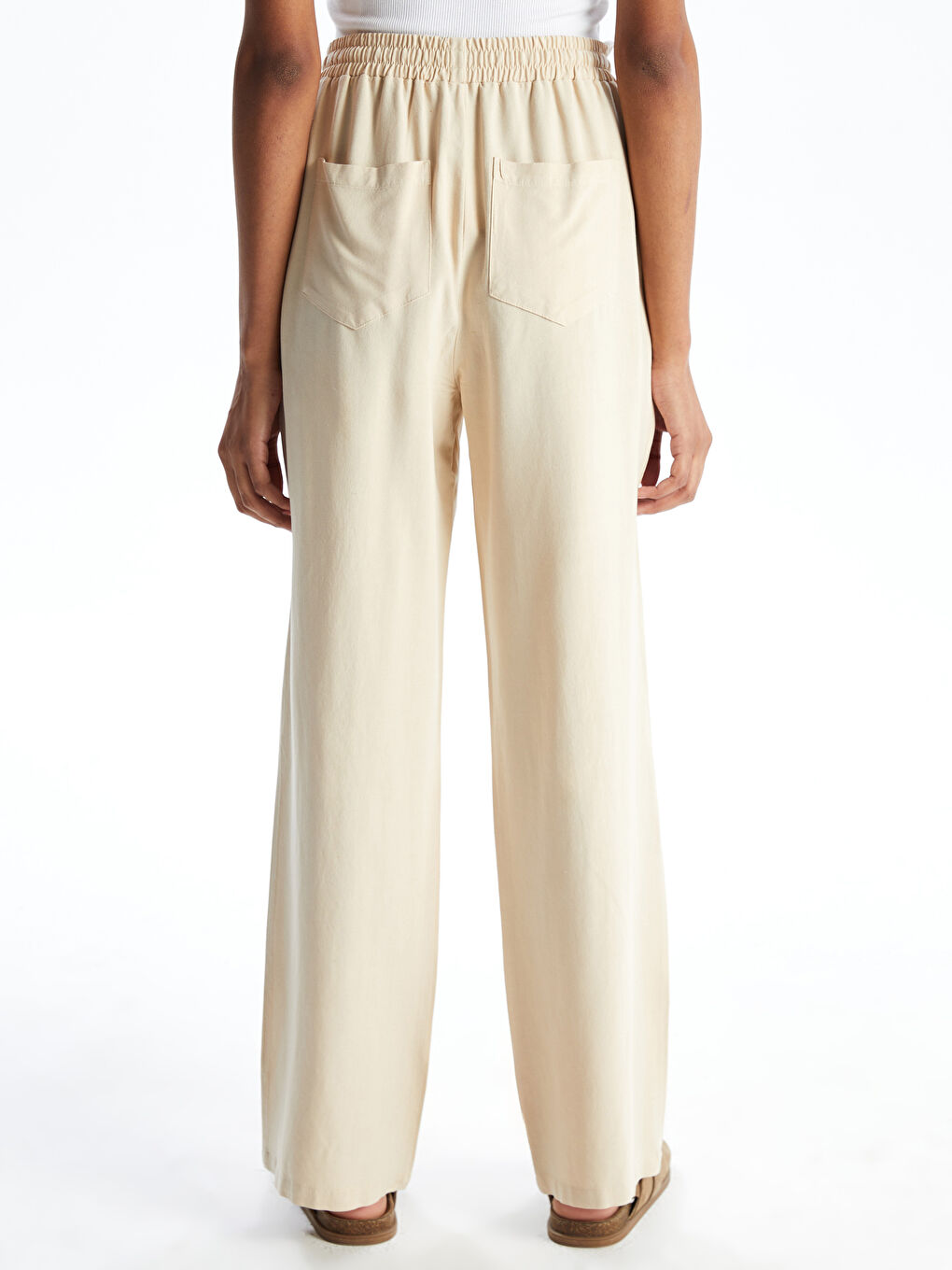 Bej Beli Lastikli Keten Karışımlı Kadın Pantolon-3