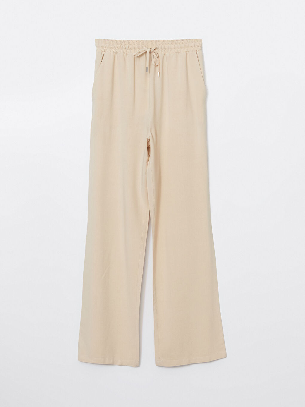 Bej Beli Lastikli Keten Karışımlı Kadın Pantolon-4