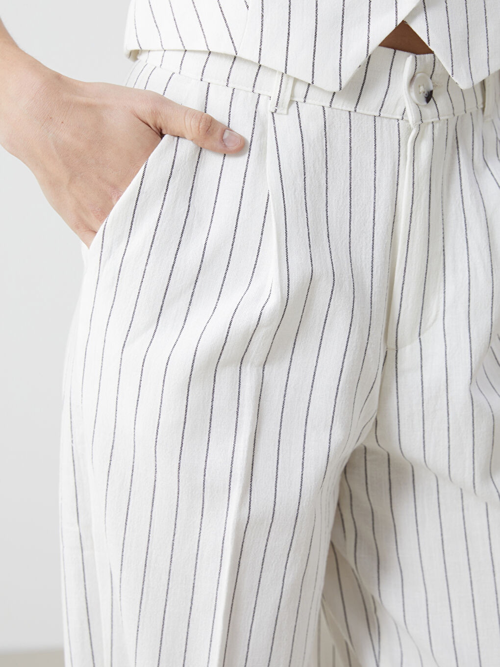 XSIDE Ekru Loose Fit Çizgili Keten Karışımlı Kadın Pantolon - 2