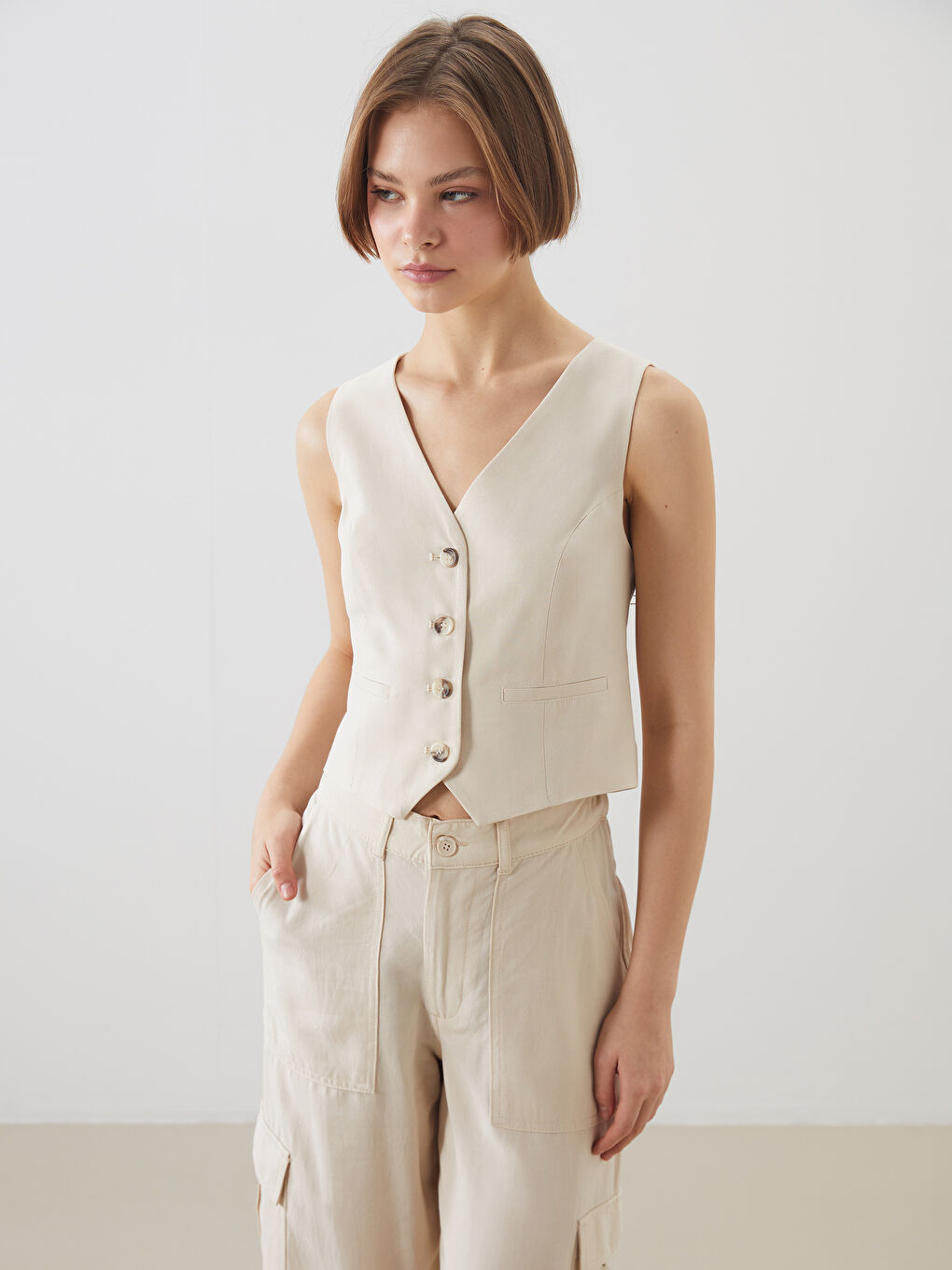 XSIDE V-Neck Linen Blend Women's Classic Waistcoat -S5GU00Z8-DEE