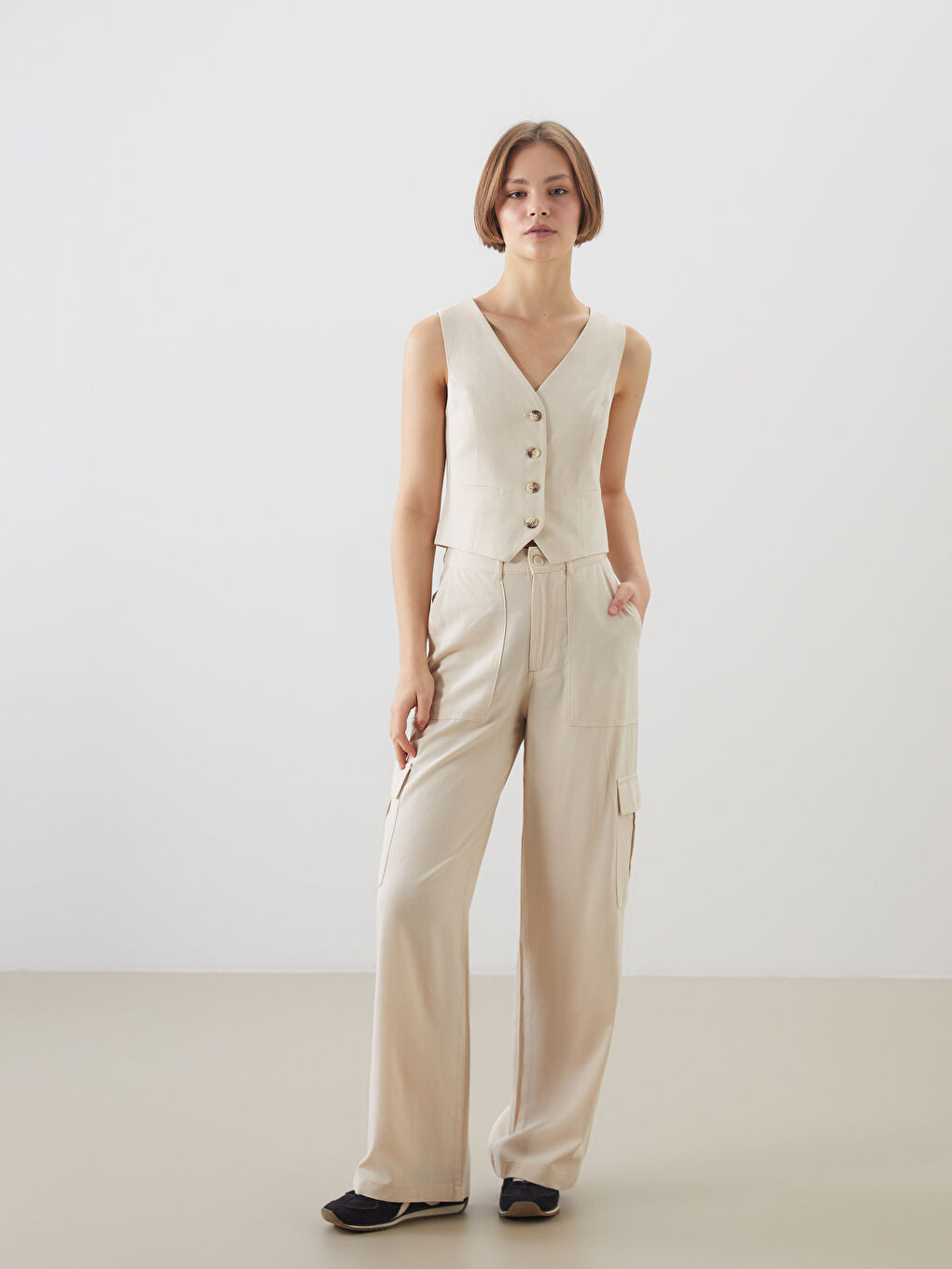 XSIDE V-Neck Linen Blend Women's Classic Waistcoat -S5GU00Z8-DEE