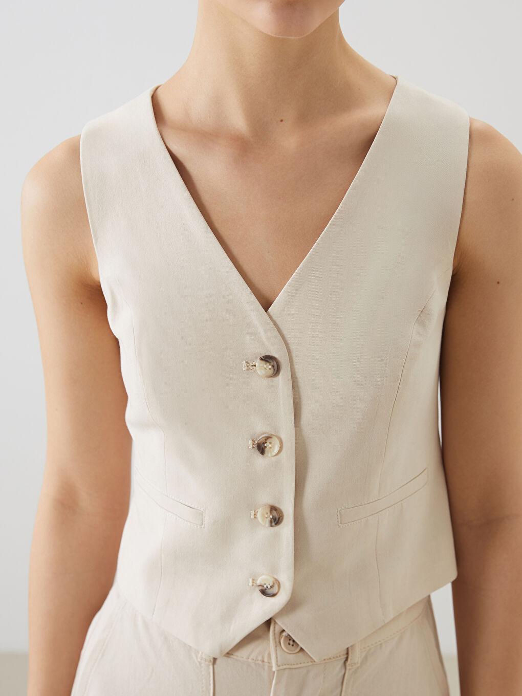 XSIDE V-Neck Linen Blend Women's Classic Waistcoat -S5GU00Z8-DEE