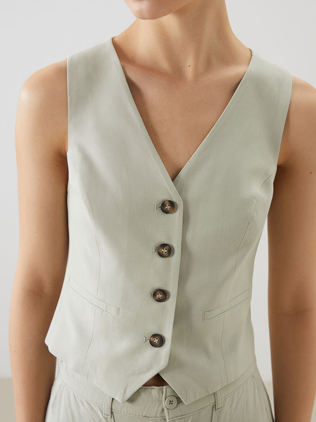 XSIDE V-Neck Linen Blend Women's Classic Waistcoat -S5GU00Z8-VKZ