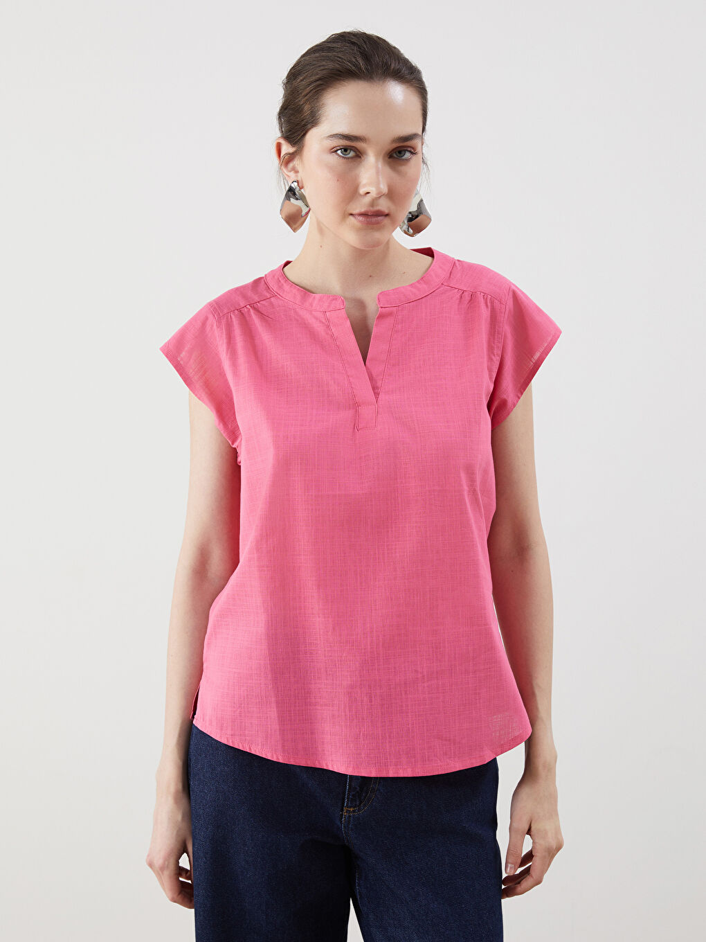 Notch Neck Poplin Women's Blouse -S5GU34Z8-GUD