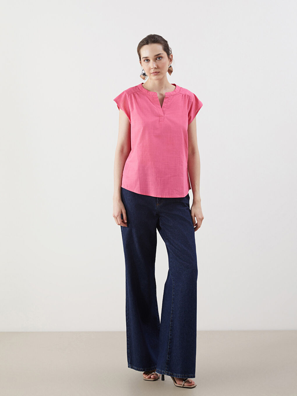 Notch Neck Poplin Women's Blouse -S5GU34Z8-GUD