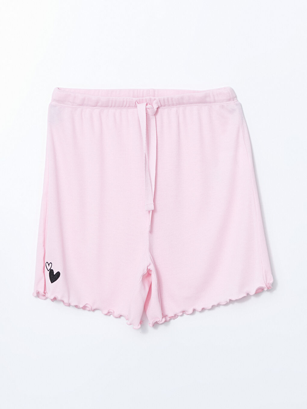 Pembe Beli Lastikli Kalp Nakışlı Kadın Şort Pijama Altı
