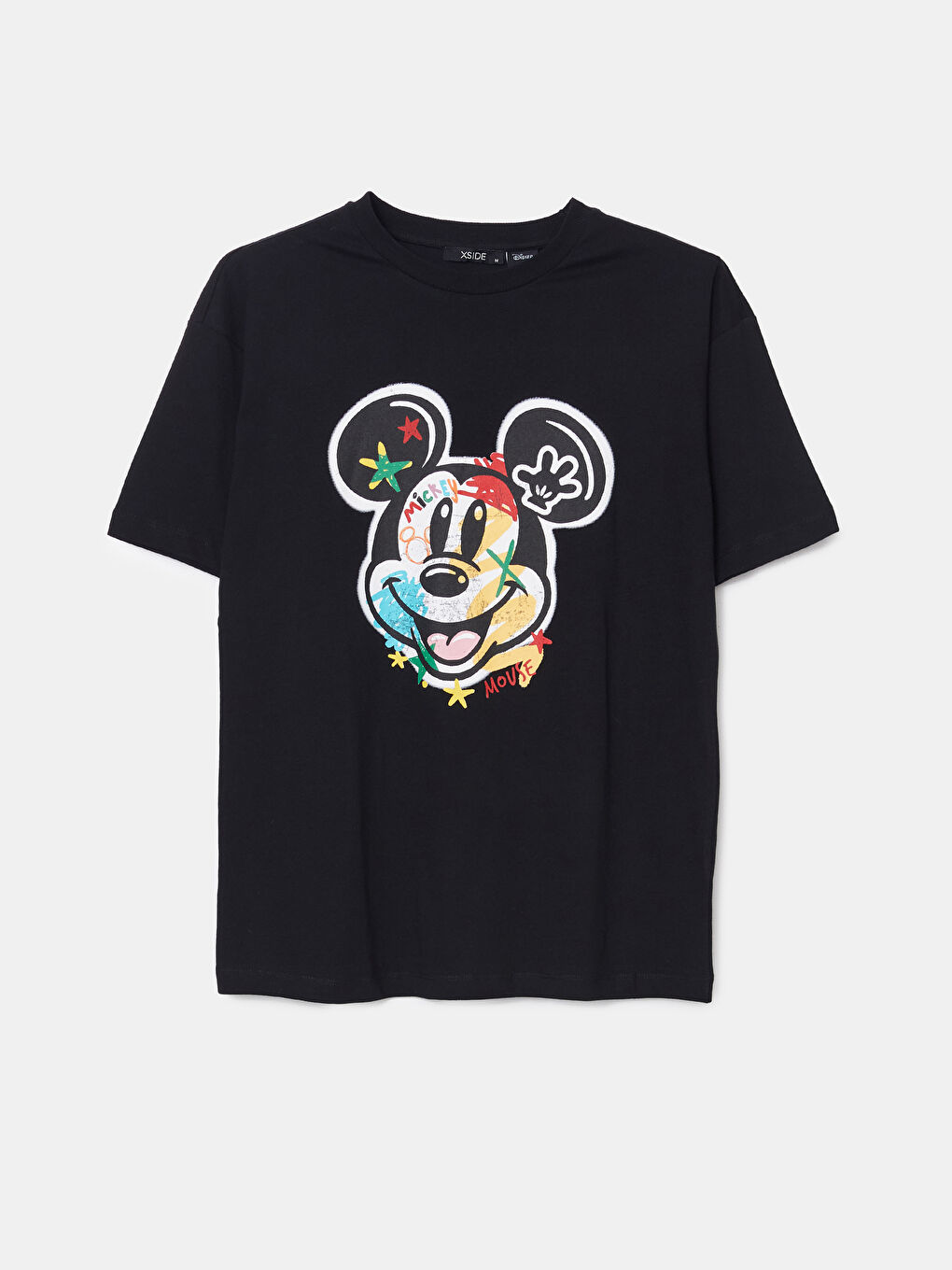 Siyah Bisiklet Yaka Mickey Mouse Baskılı Kadın Tişört-4