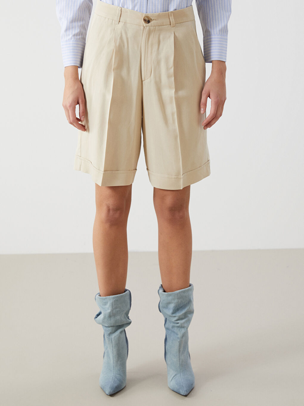 Plain Linen Blend Women's Shorts with Elastic Waist -S5GV28Z8-DFV