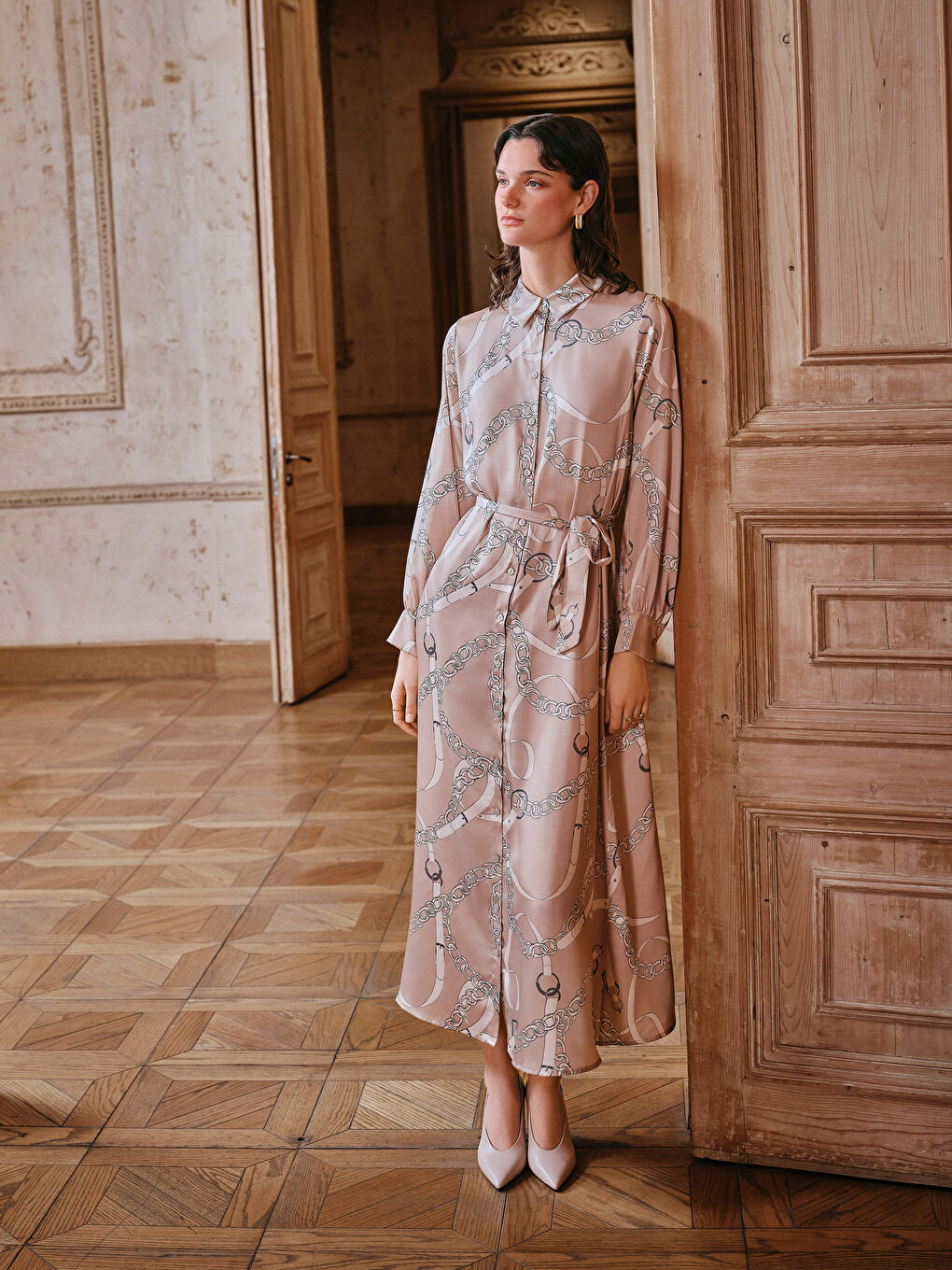 Ekru Desenli Kadın Gömlek Elbise