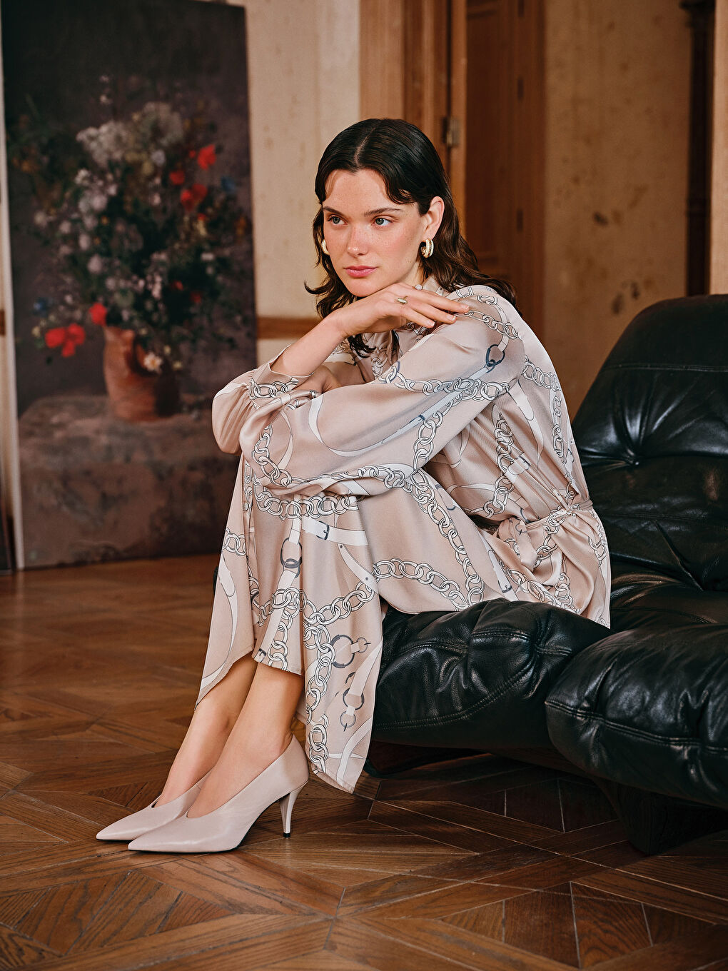 Ekru Desenli Kadın Gömlek Elbise-1