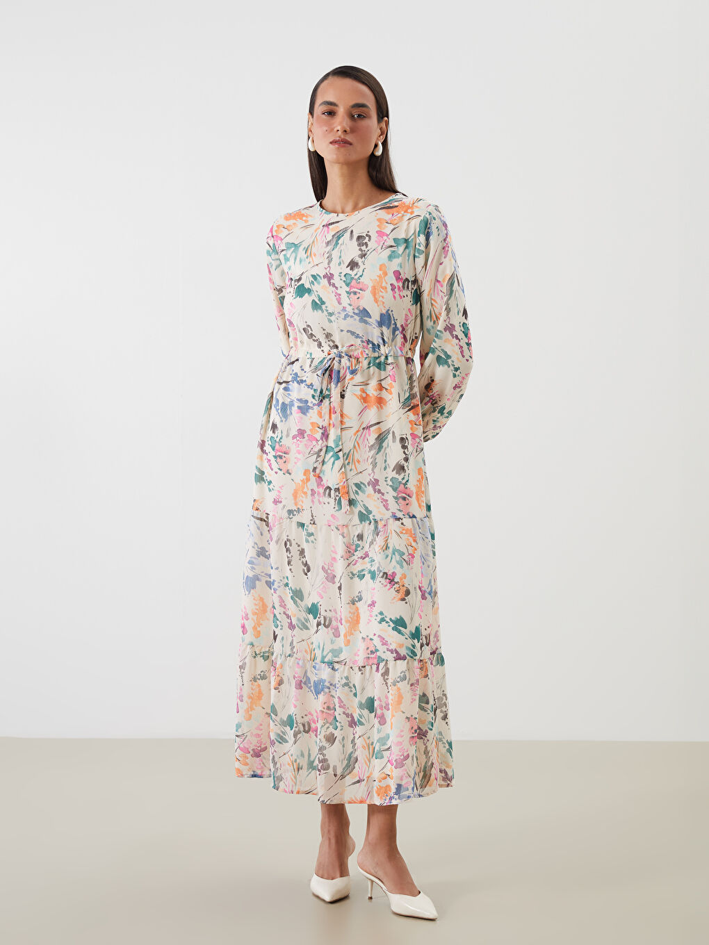 Ekru Bisiklet Yaka Desenli Elbise