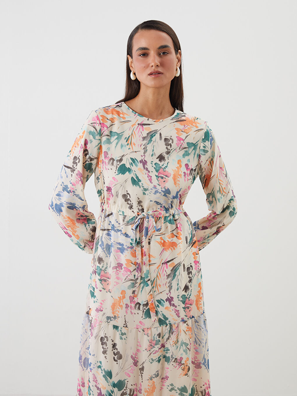 Ekru Bisiklet Yaka Desenli Elbise-1