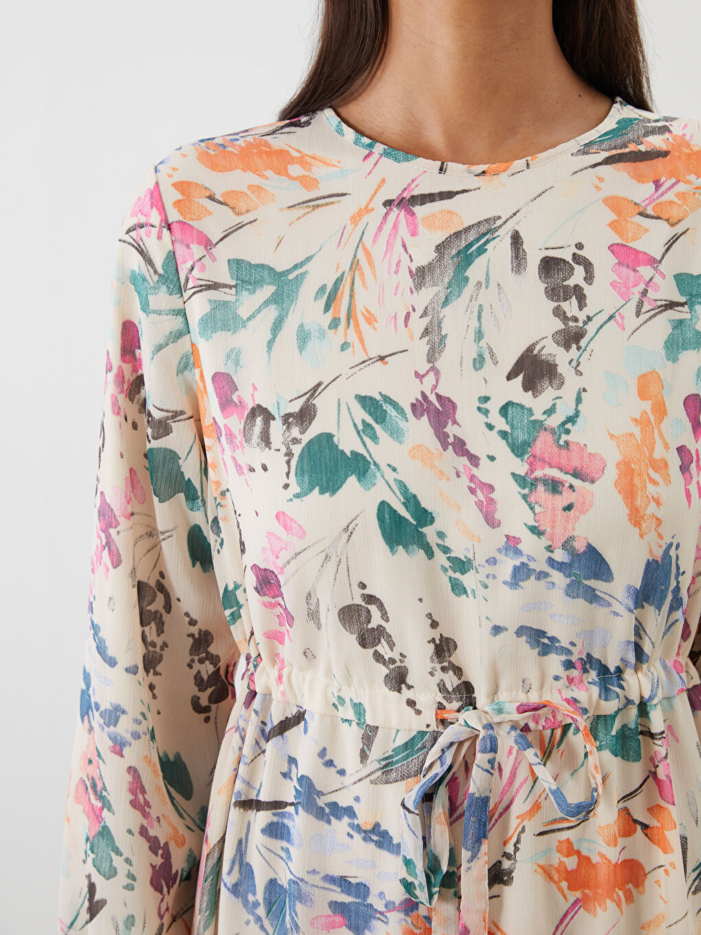 Ekru Bisiklet Yaka Desenli Elbise-2