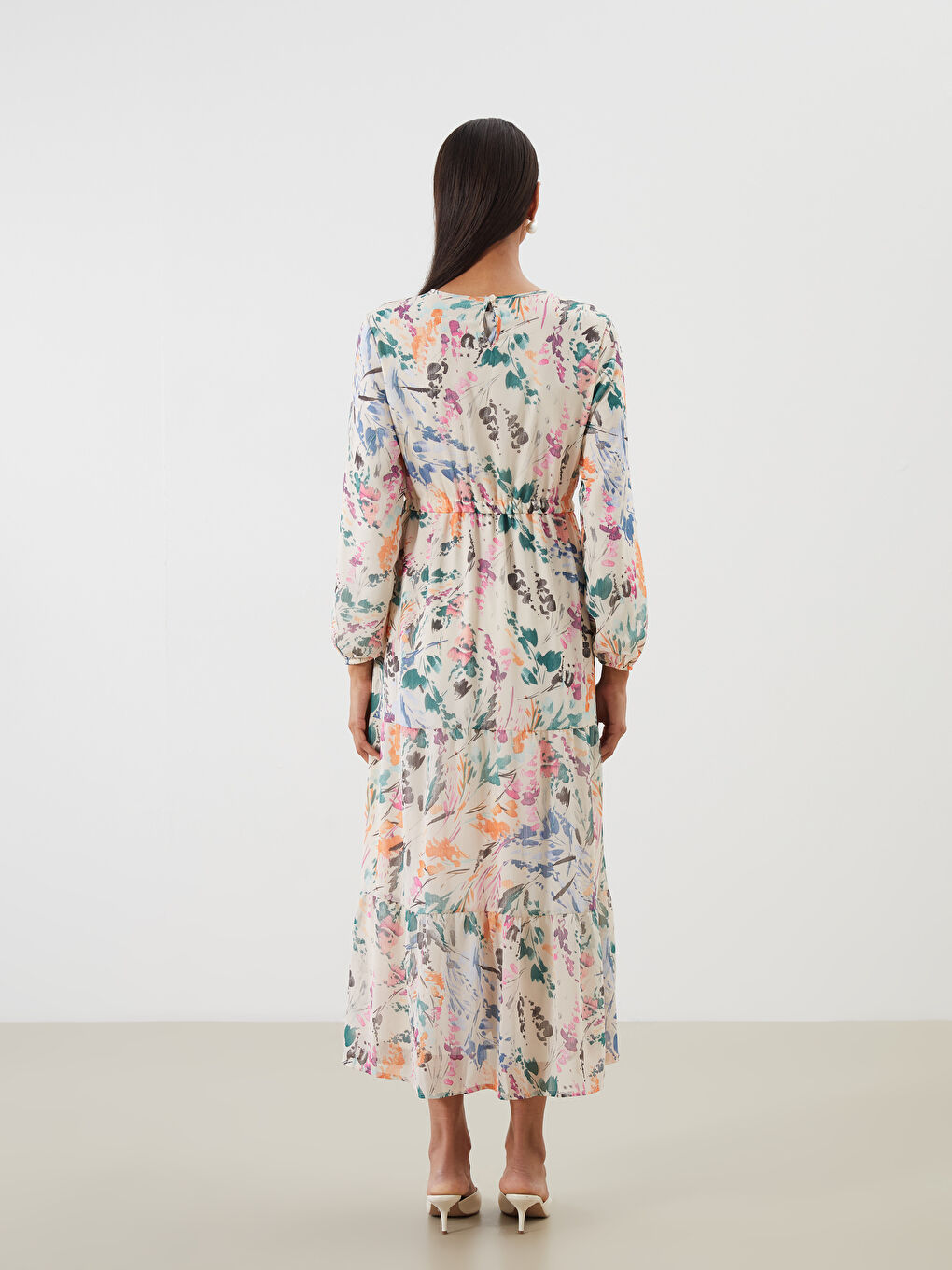 Ekru Bisiklet Yaka Desenli Elbise-3