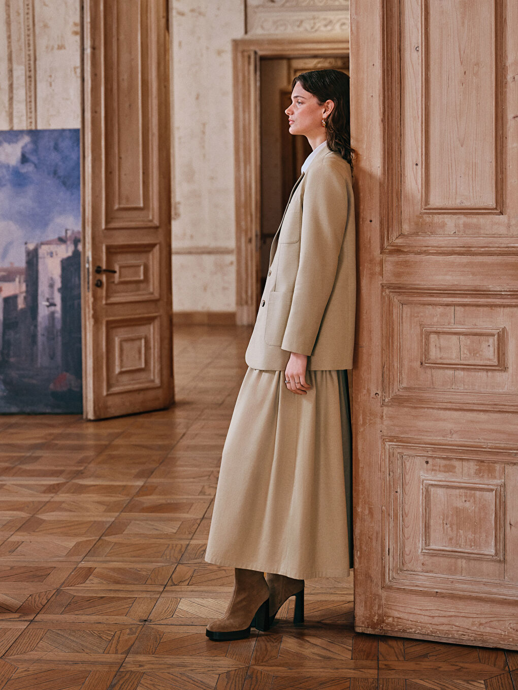 Bej Beli Fermuarlı Poplin Kadın Kloş Etek