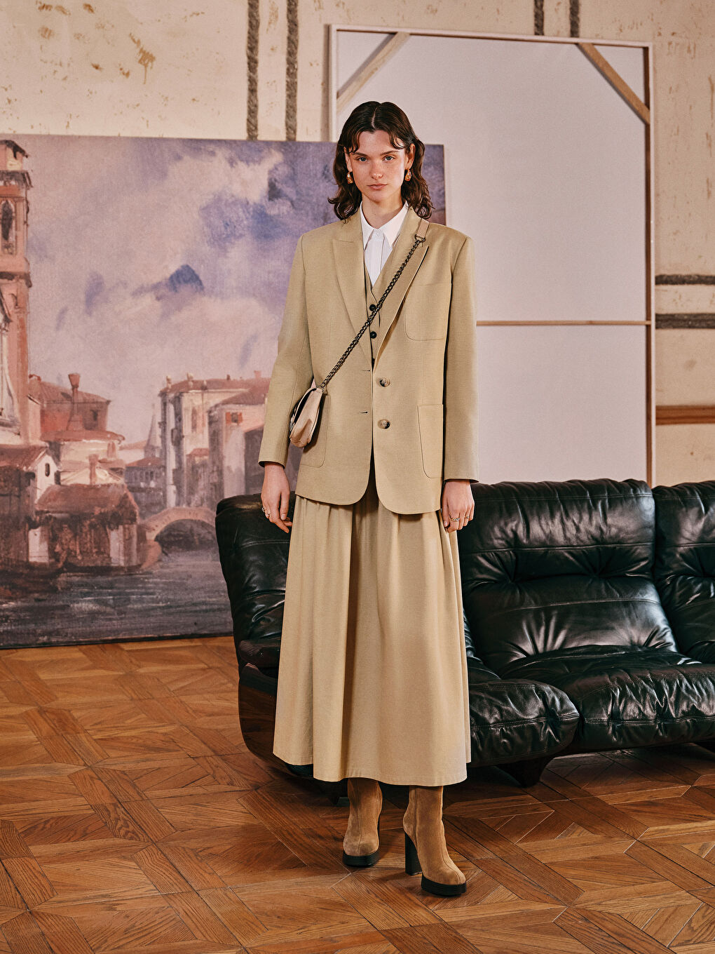 Bej Beli Fermuarlı Poplin Kadın Kloş Etek-2