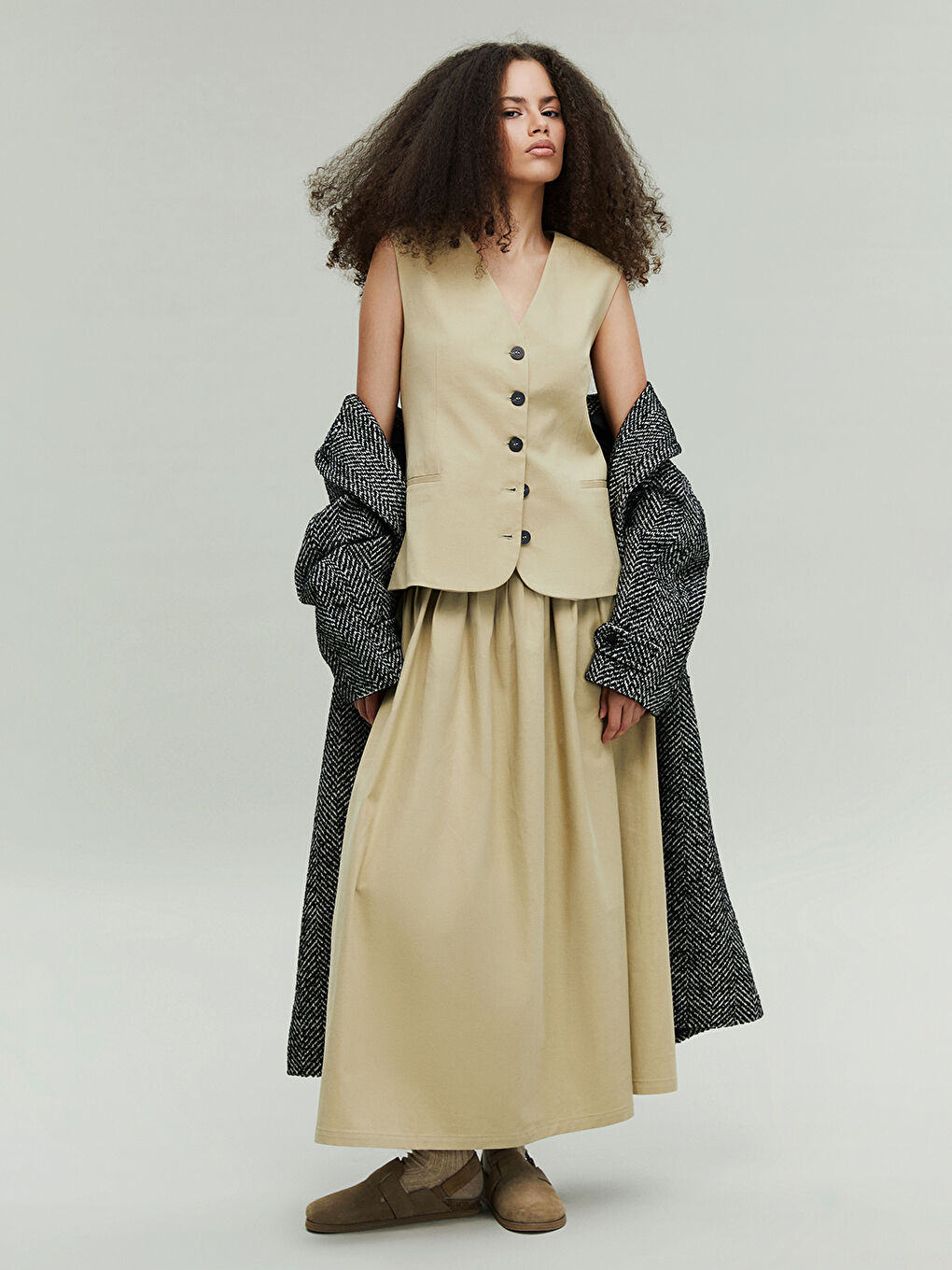 Bej Beli Fermuarlı Poplin Kadın Kloş Etek-1