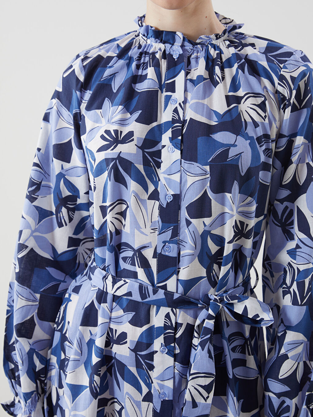 Mavi Fırfırlı Dik Yaka Çiçekli Kadın Gömlek Elbise-2