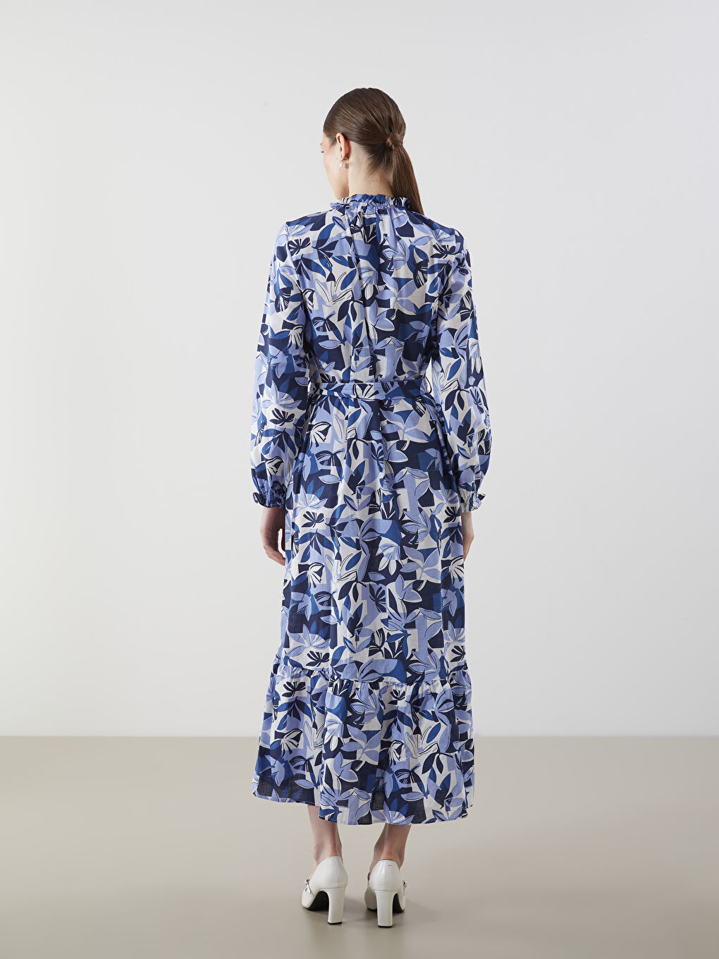 Mavi Fırfırlı Dik Yaka Çiçekli Kadın Gömlek Elbise-3