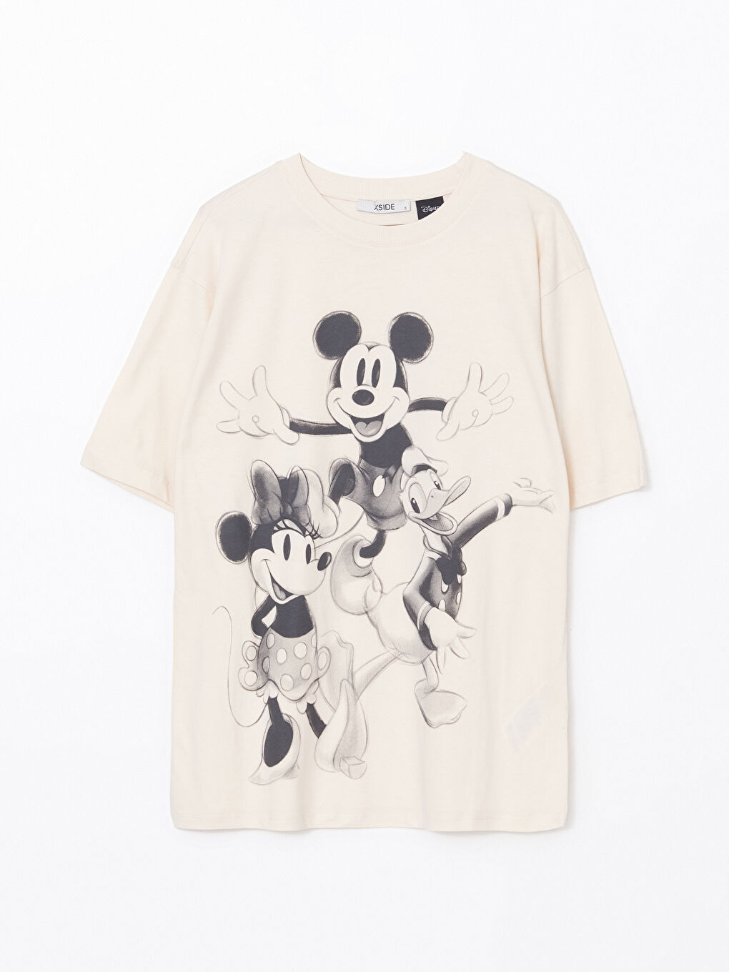Bej Bisiklet Yaka Mickey ve Arkadaşları Baskılı Kadın Tişört-4