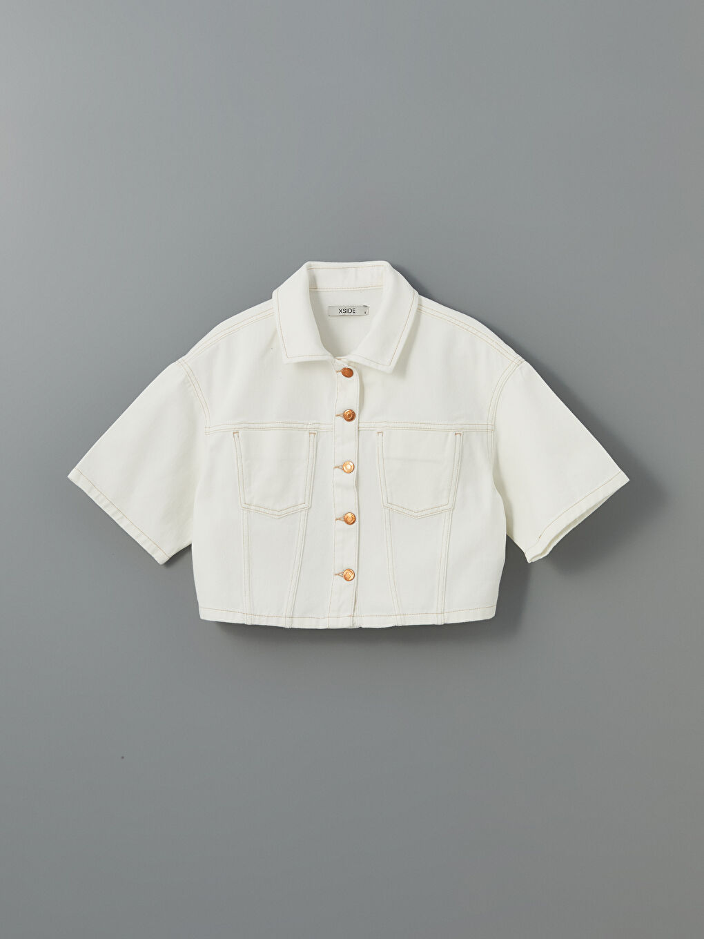 Beyaz Crop Kadın Jean Gömlek-4