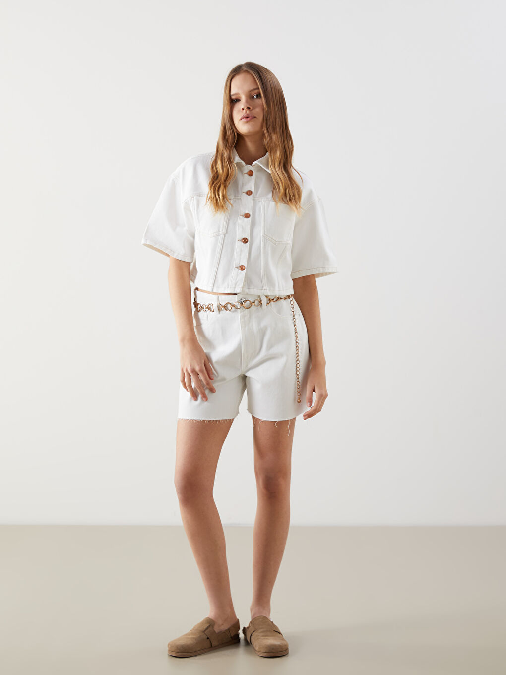 Beyaz Crop Kadın Jean Gömlek-1