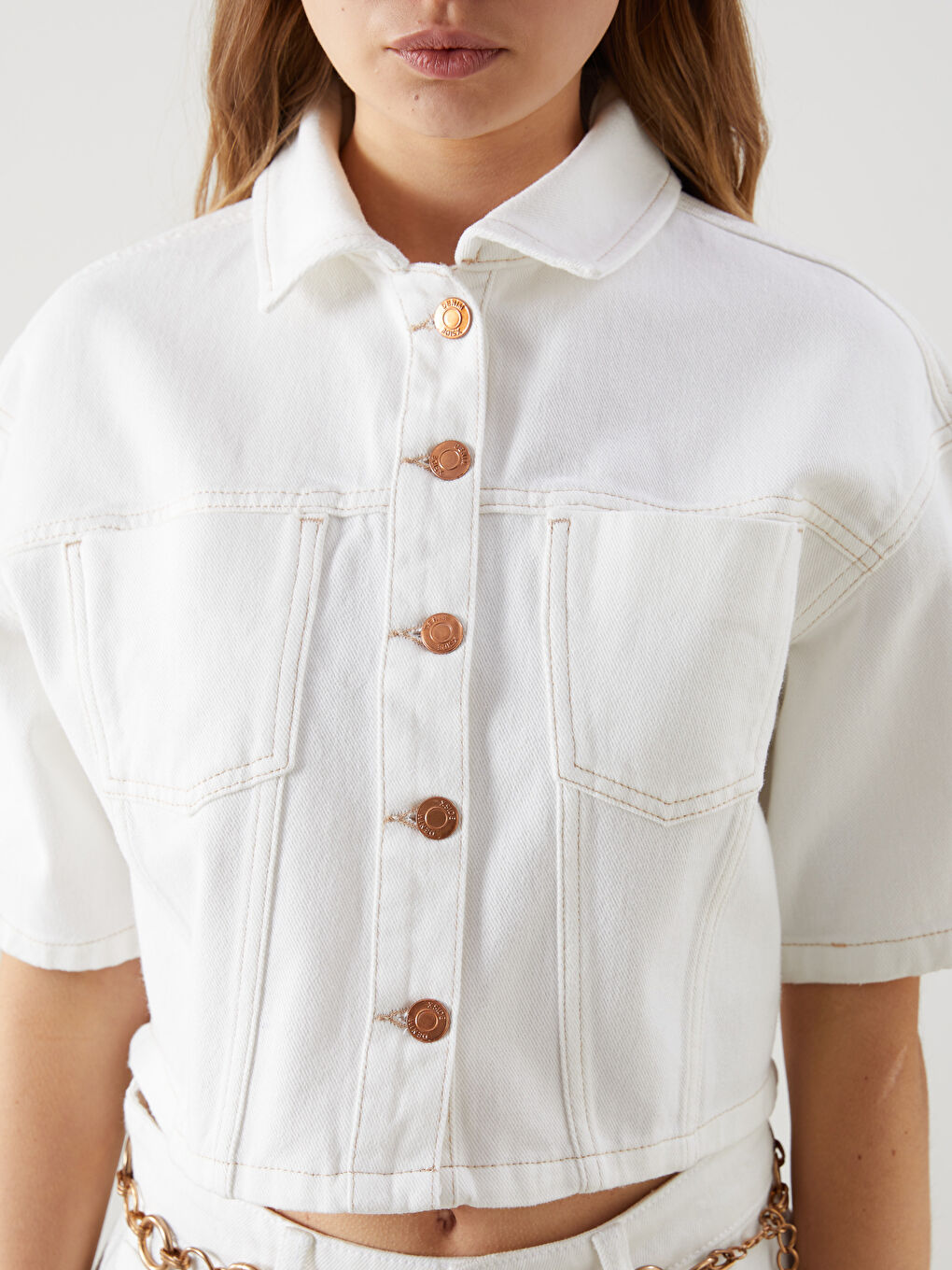 Beyaz Crop Kadın Jean Gömlek-2