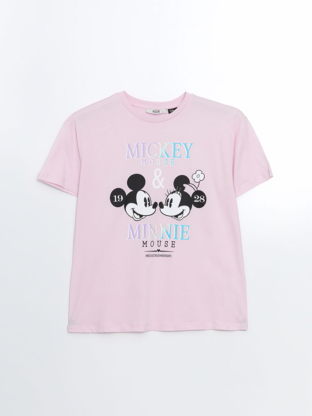 XSIDE Pembe Bisiklet Yaka Mickey ve Minnie Mouse Baskılı Kadın Tişört - 4