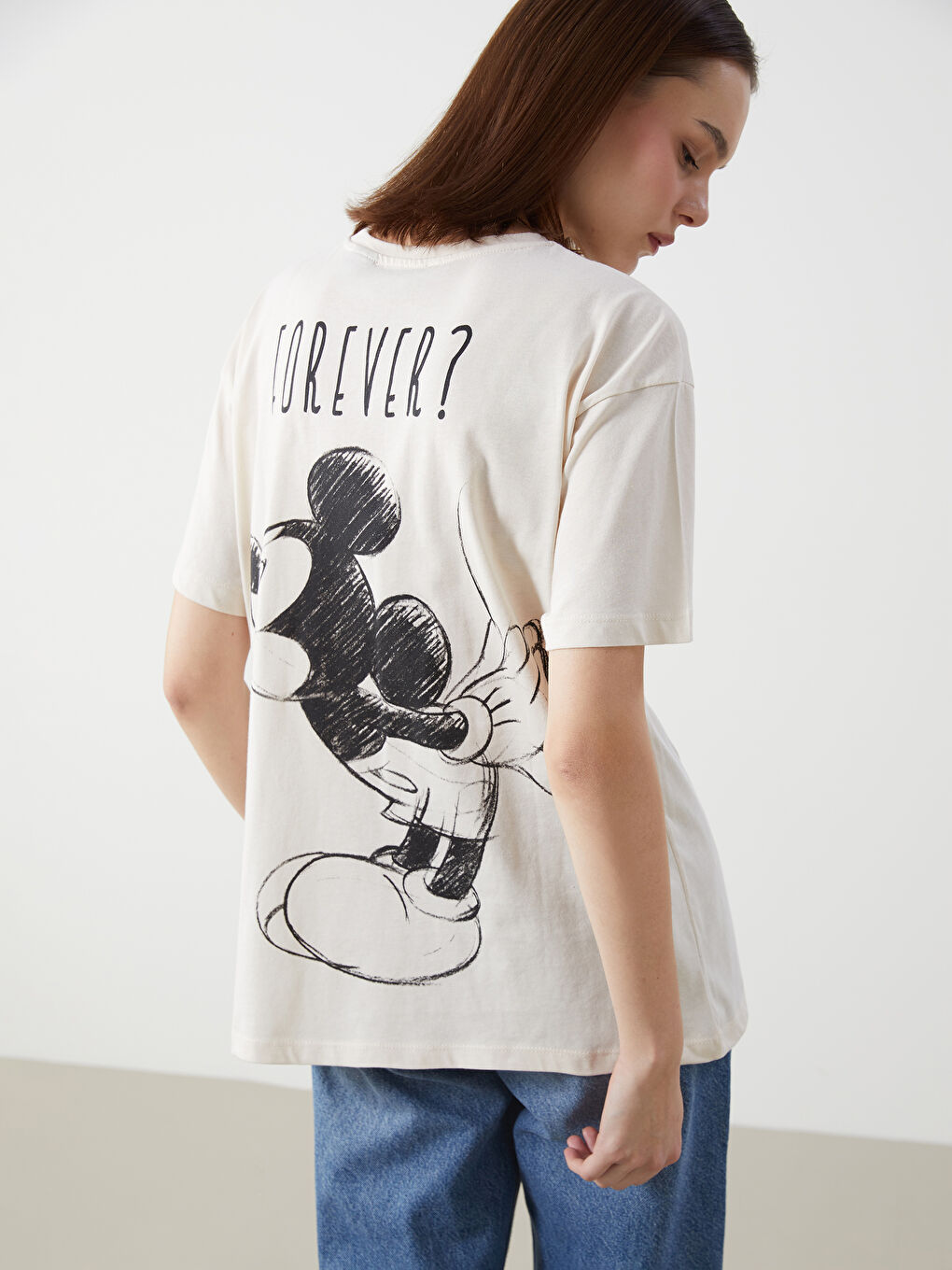 Bej Bisiklet Yaka Minnie Mouse Baskılı Kadın Tişört