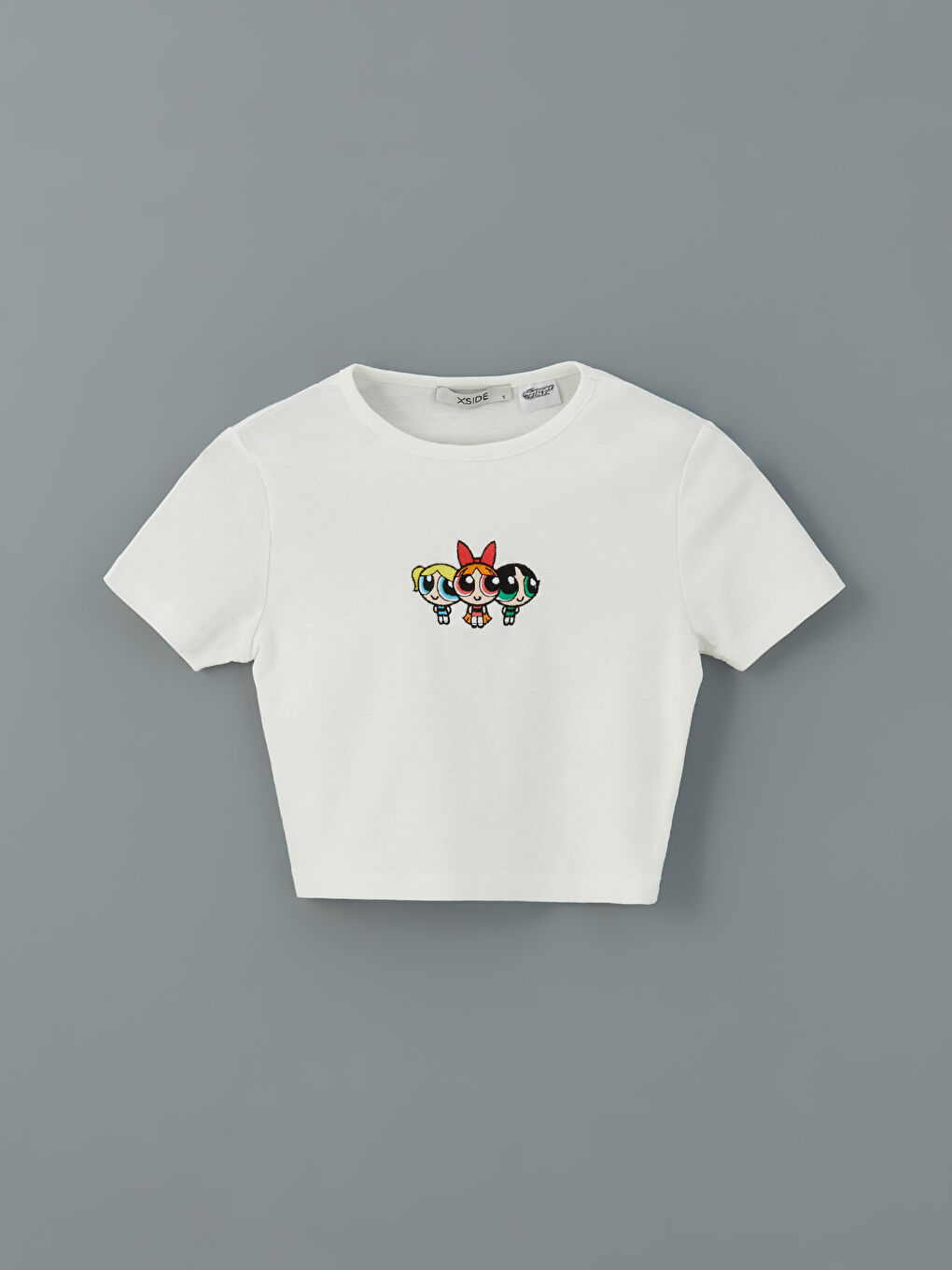 Ekru Bisiklet Yaka Powerpuff Girls Nakışlı Kadın Crop-4