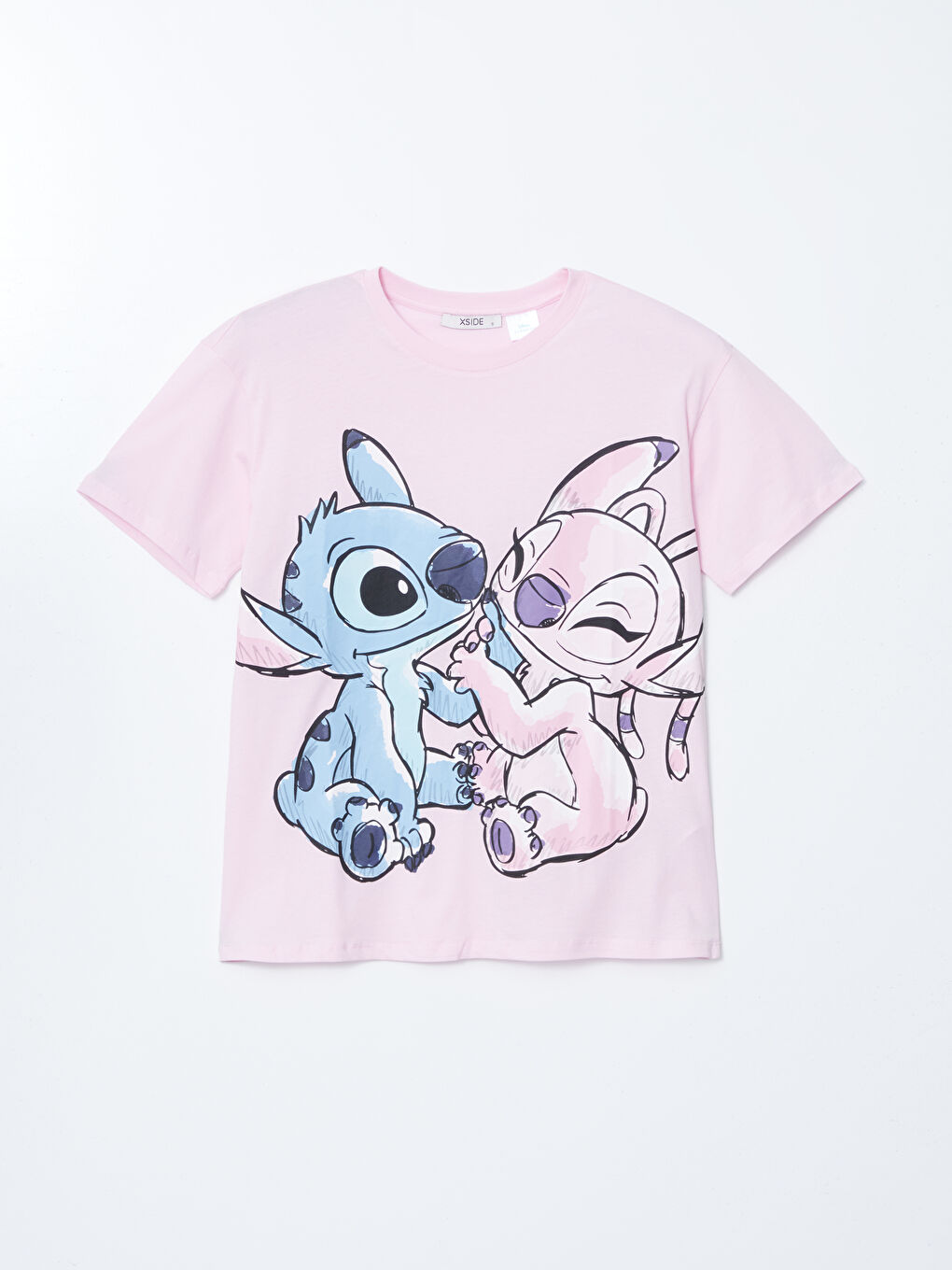 Pembe Bisiklet Yaka Lilo & Stitch Baskılı Kadın Tişört-4