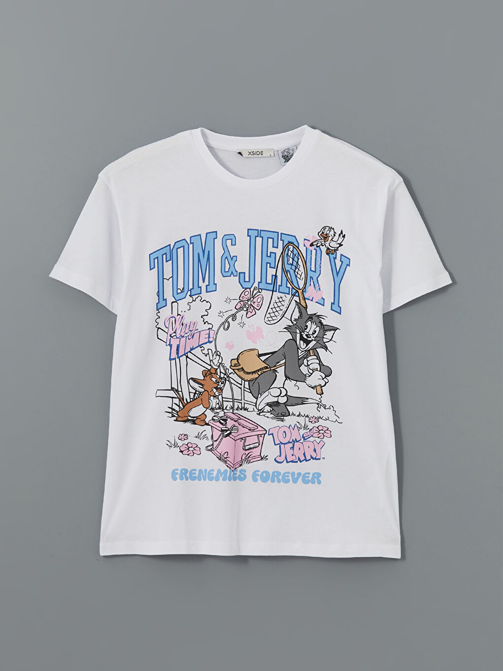 Beyaz Bisiklet Yaka Tom & Jerry Baskılı Kadın Tişört-4