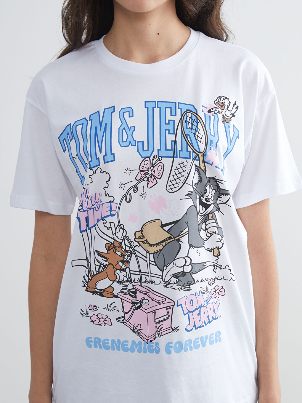 Beyaz Bisiklet Yaka Tom & Jerry Baskılı Kadın Tişört-2