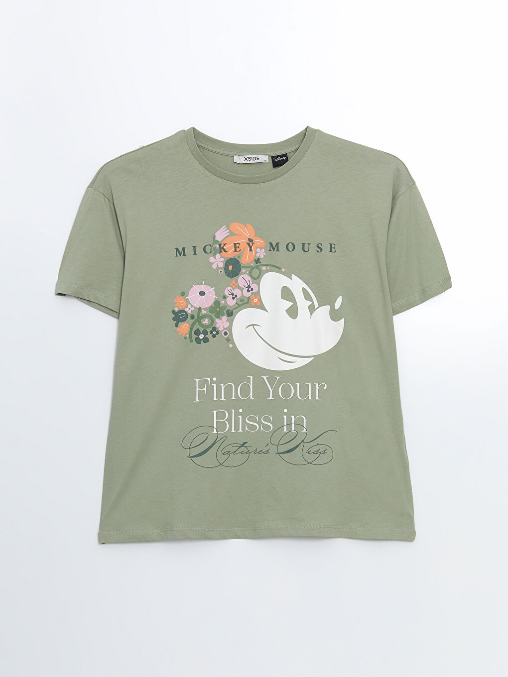 Yeşil Bisiklet Yaka Mickey Mouse Baskılı Kadın Tişört-4